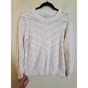 Loft White Pointelle Bobble Knit Cotton Sweater Chevron Eyelet Pullover 580891